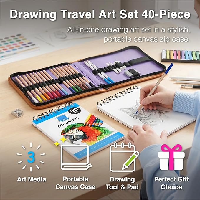 COLOUR BLOCK Drawing Travel Art Set - 60 sheets 6 x 8 Inches Drawing Pad,16 wood Colored Pencils, 12 Soft Pastels Set, 2 Sketching Pencils, and 8 Assorted Tools
