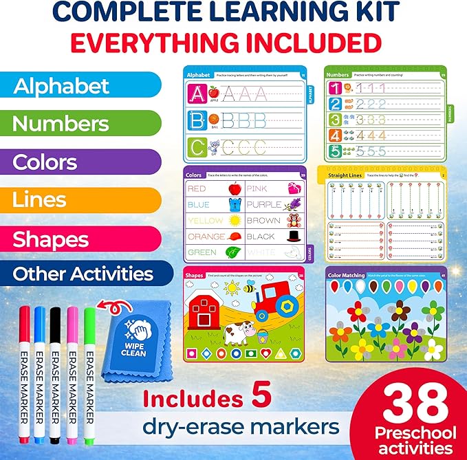 QUOKKA Tracing Books for Kids Ages 3-5 – Reusable Dry Erase Activity Books for Kids Ages 3-5 - Writing Practice Workbook with Markers Quiet Time Travel Learning
