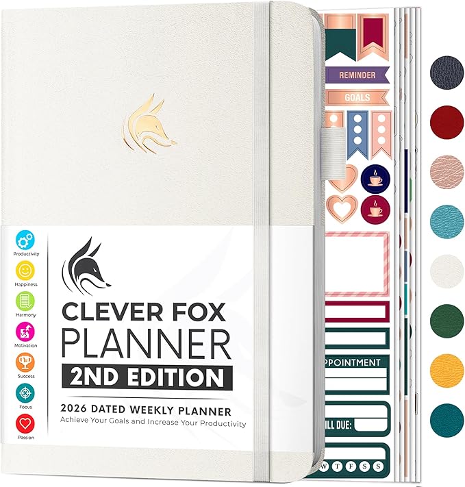 Clever Fox Planner 2nd Edition Dated Jan 2026-Jan 2027 – Colorful Weekly & Monthly Goal Setting Planner, Habit Trackers, Time Management and Productivity Organizer, Gratitude Journal, A5 (White)