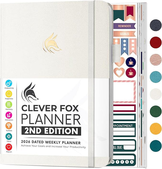 Clever Fox Planner 2nd Edition Dated Jan 2026-Jan 2027 – Colorful Weekly & Monthly Goal Setting Planner, Habit Trackers, Time Management and Productivity Organizer, Gratitude Journal, A5 (White)