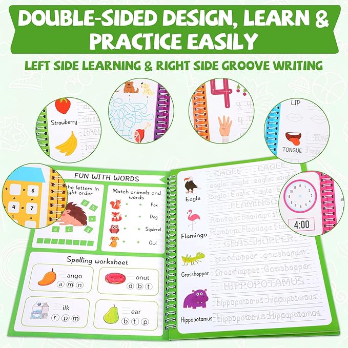 Magic Grooved Writing Practice Books for Kids 3-10, Large Reusable Handwriting Workbooks with Disappearing Ink, 3D Tracing Book Toy Gifts for Kindergarten Summer Workbook Preschool Learning Activities