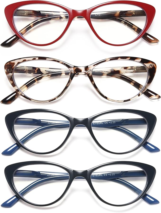 EYEURL 4-Pack Cat Eye Reading Glasses for Women Blue Light Blocking Fashion Computer Glasses Anti-Glare Cat Eye Readers For Women,0.0