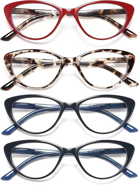 EYEURL 4-Pack Cat Eye Reading Glasses for Women Blue Light Blocking Fashion Computer Glasses Anti-Glare Cat Eye Readers For Women,0.0
