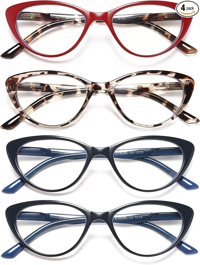 EYEURL 4-Pack Cat Eye Reading Glasses for Women Blue Light Blocking Fashion Computer Glasses Anti-Glare Cat Eye Readers For Women,1.5