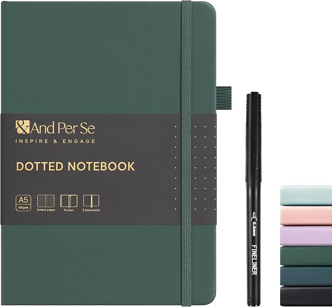 &And Per Se Dotted Journal Notebook, A5 Hardcover Dotted Notebook, 160 Pages 100GSM Thick Paper Dot Grid Journal with Fineliner Pen (Green)