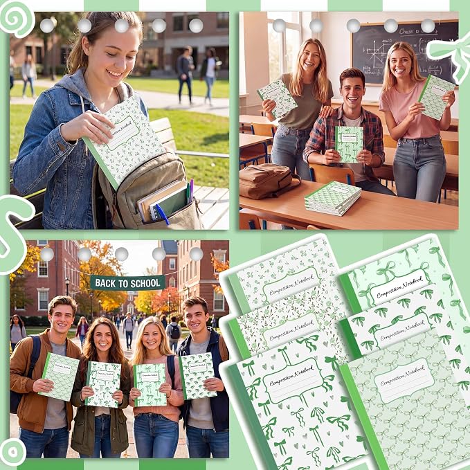 Fullhawl 6 Pack Composition Notebook College Ruled Bulk Green Bow Composition Notebook Preppy Aesthetic for Back to School Supplies 110 Pages 9-3/4 x 7-1/2" Cute Journal for First Day of School Office