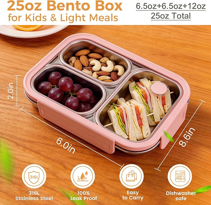 Premium 25oz SUS316L Stainless Steel Lunch Box Bento Box - Reusable Metal Snack Containers with Lids for Kids & Adults - Daycare/School/Work/Travel - Superior Corrosion-resistant (Pink)