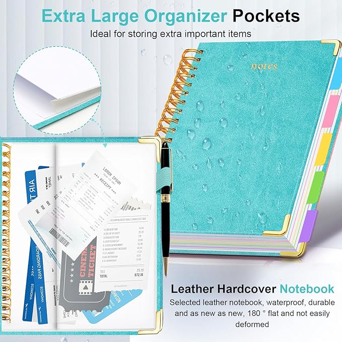 Hardcover Spiral Notebook 8.5"x11" Journal Notebook with Tabs and Removable Dividers 300 Pages 5 Subject Notebook College Ruled, Faux Leather Spiral Bound Notebook for Women School Work(Blue)
