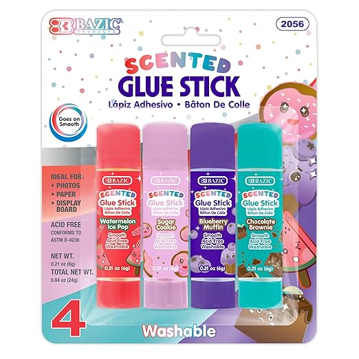 BAZIC Products Scented Glue Sticks, Washable, Assorted Scents 6 Grams, Smooth All Purpose Acid Free Clear Glue Stick for Photos Paper Kids Students at Home School Office (4/Pack), 1-Pack