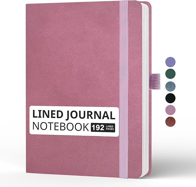 Lined Journal Notebook, A5, 192 Pages 100 GSM Thick Paper, Hardcover Leather College Ruled Journal for Writing, Men Women, Journaling, Daily, Work, Office, Home School Business(Pink)