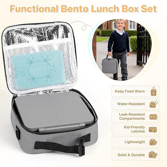 Bento Lunch Box with 8oz Soup Thermo,Kids Leakproof 4 Compartment Lunch Food Containers with Sauce Cup and Ice Pack,Kids Thermo Insulated Hot Food Jar and Lunch Bag for School,Trvael-Black