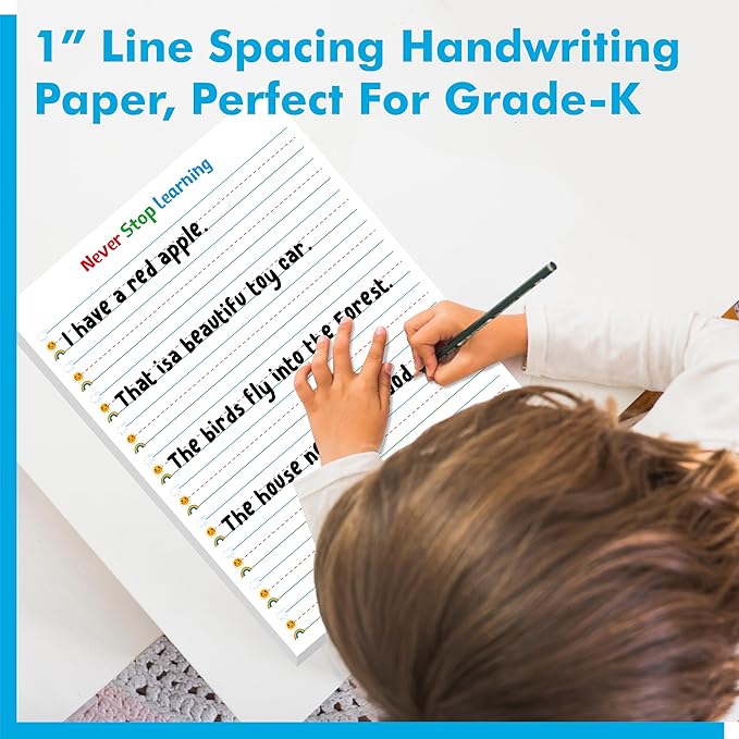 100 Sheets Ruled Writing Paper, Double-Sided Printing Skip-A-Line Ruled Writing Paper with Dotted Lines 1” Line Spacing Handwriting Practice Paper for Kindergarten Toddlers Kids (8” x 10.6”)