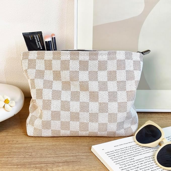 STARDW Checkered Makeup Bag Cosmetic Travel Bag, Toiletry Bag for Women | Canvas Lined Makeup Pouch for Skincare, Brushes, Toiletries & Travel Essentials, Cute Purse Organizer Pouches with Zipper