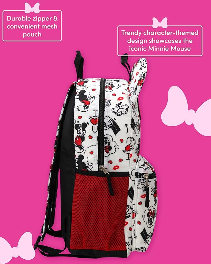 Fast Forward Minnie Mouse Kids Backpack - 16 Inch Bookbag Elementary Backpack for School Girls & Boys with Adjustable Padded Straps, Minnie Bow White