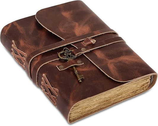 Leather Journal with Deckle Edge Paper 8x6 inch and Vintage Key | Handmade Writing Notebook Diary | Bound Daily Notepad for Men & Women Medium, Sketch/Writing pad for Artists