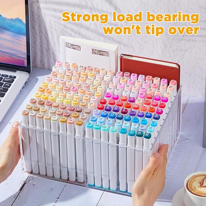 MotiMind Acrylic Marker Organizer for 176 Marker, Large Art Pencil Holder Storage Rack for Desk, Pens Art Brushes Display Stand with 22 Compartments for Desktop, Office (Clear, 176 Capacity)