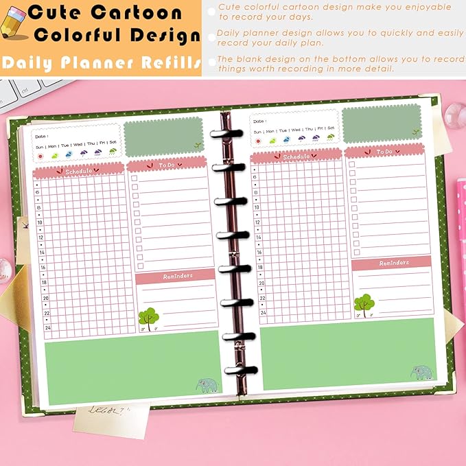 Rancco Junior Daily Planner Refills, 180 Pages 8 Hole Punched Half Letter Binder Paper Inserts w/Index Tabs, Index Dividers, Loose-Leaf Pocket, Ruler For Circa, Arc, TUL, Happy Planner, 5.5x8.5"