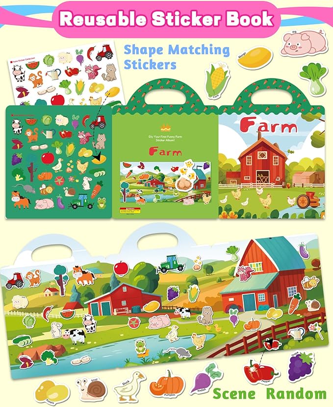 Walenced Reusable Sticker Book for Toddlers, Travel Stickers for Kids, Toddler Craft Activities Toys, Birthday Gifts for Boys & Girls