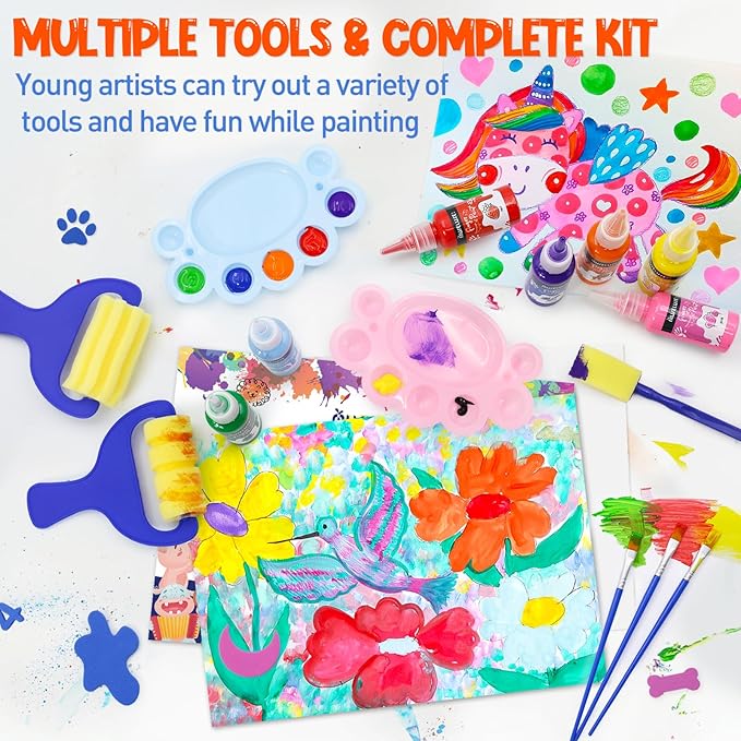 45PCS Kids Washable Finger Paint Kit,12 Colors Non Toxic Finger Paints,Art Painting Supplies for Toddlers - Paper,Brushes,Sponges,Children Drawing Gifts for Kids Boys Girls