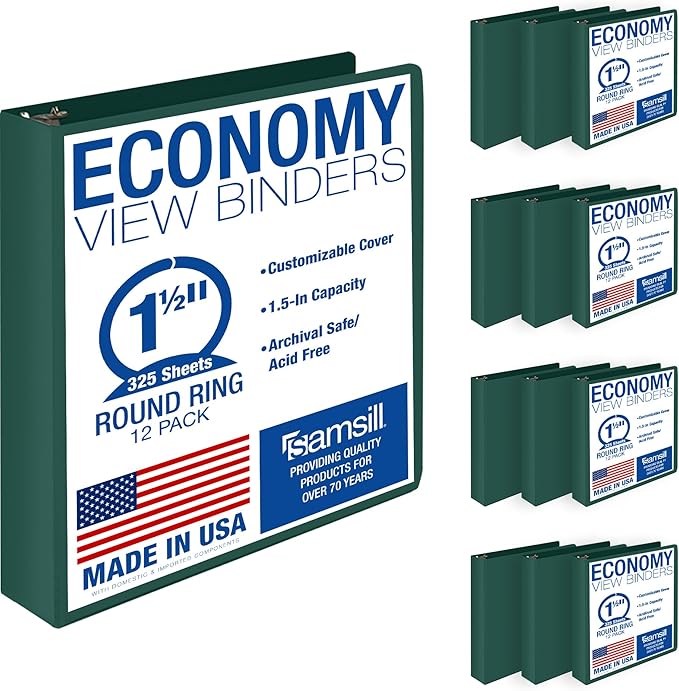 Samsill 1.5 Inch 3 Ring Binders, Economy Round Ring, Clear View Cover, 325 Sheet Capacity - for School, Home, Office - Green, 12 Pack