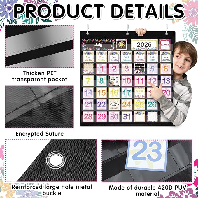 119 Pcs Classroom Calendar Pocket Chart Black Monthly Bulletin Board Set Seasons Festival Weather Farmhouse Calendar Set for Classroom Decoration Back to School Supplies(Wildflower)