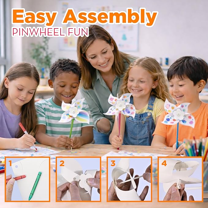 4E's Novelty 24 Pack DIY Pinwheels Craft for Kids, Bulk Summer Pinwheel Craft Kit, Color Your Own Paper Windmill for Pinwheels for Kids Bulk July 4 Craft for Kids Art Games
