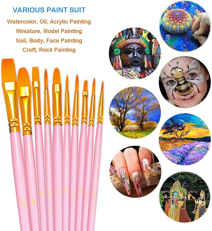 BOSOBO Paint Brushes Set, 10 Pack 100 Pcs Round Pointed Tip Paintbrushes Nylon Hair Artist Acrylic Paint Brushes for Acrylic Oil Watercolor, Face Nail Art, Miniature Detailing & Rock Painting, Pink