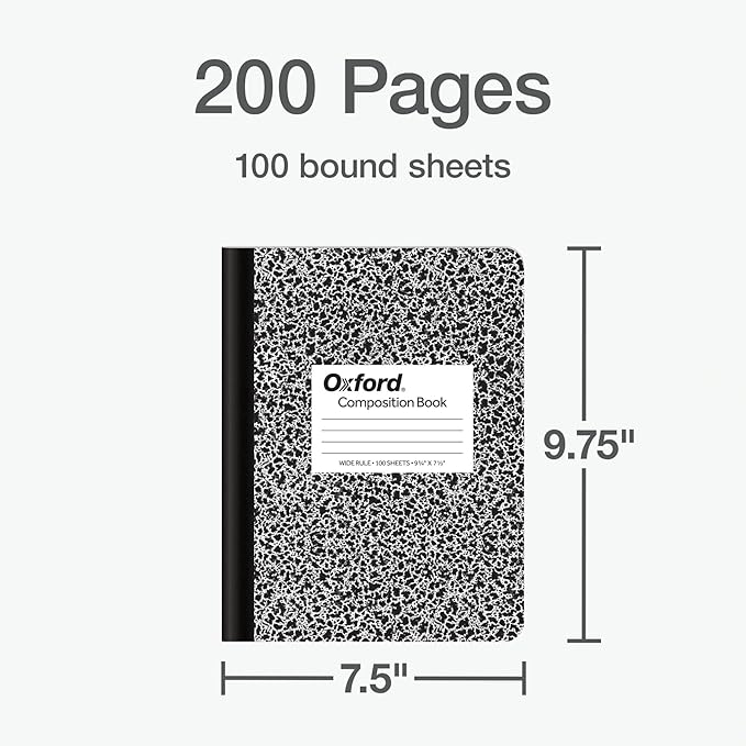 Oxford Composition Notebooks, 9-3/4 x 7-1/2 Inch School Journals, Wide Ruled Paper, Black Marble Covers, 100 Sheets per Book, 2 Pack (1002516)