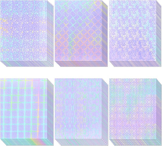 36 Sheets Holographic Sticker Paper, Clear Vinyl Laminate Film for Stickers Self-Adhesive, Transparent Overlay Lamination Sticker Paper Waterproof, 6 Patterns-8.5x11 Inch