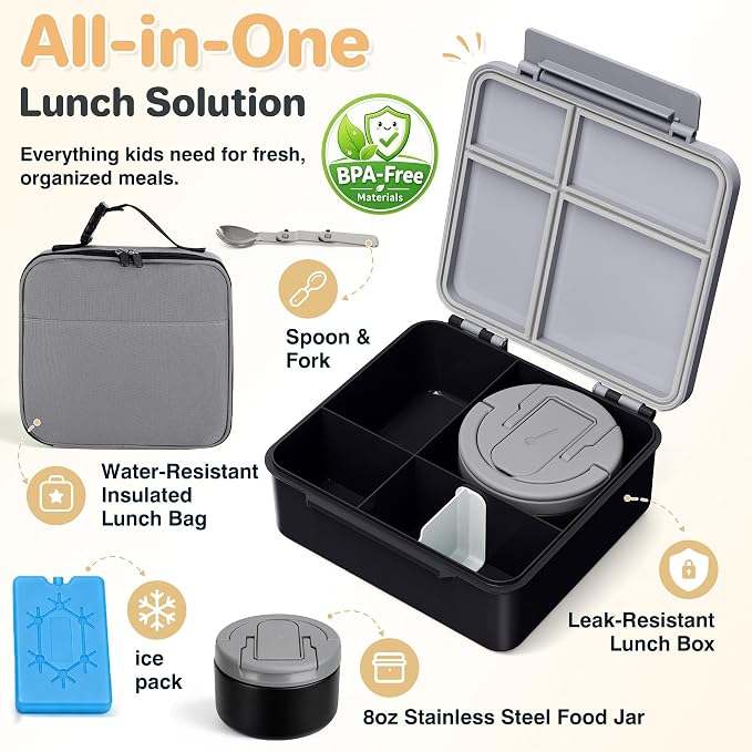 Bento Lunch Box with 8oz Soup Thermo,Kids Leakproof 4 Compartment Lunch Food Containers with Sauce Cup and Ice Pack,Kids Thermo Insulated Hot Food Jar and Lunch Bag for School,Trvael-Black