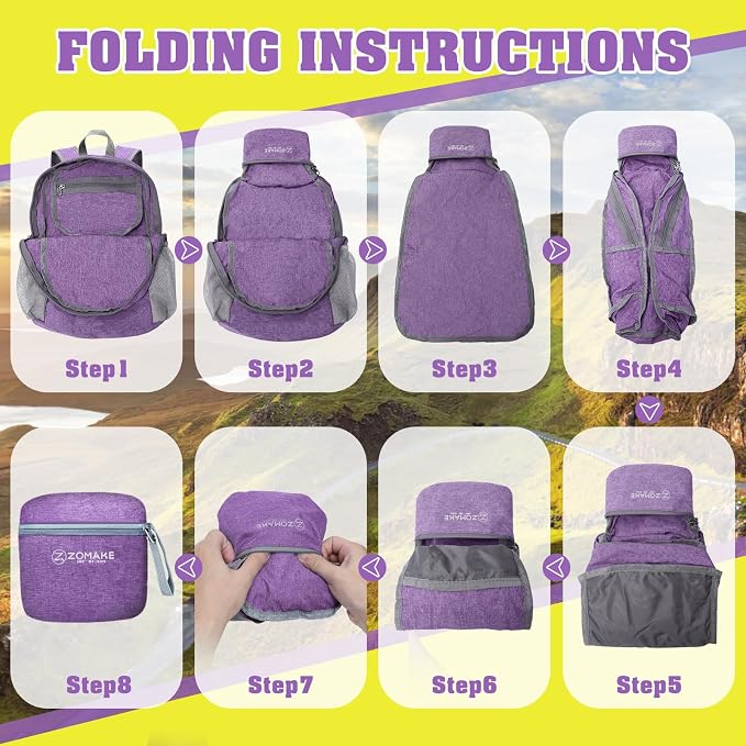 ZOMAKE Lightweight Packable Backpack, 10L Small Foldable Daypack for Hiking | Water Resistant Collapsible Backpacks for Women Men,Everyday Carry,Multi Compartment Storage,Adjustable Strap(Light PurpleA5)
