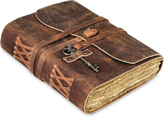Leather Journal with Deckle Edge Paper 8x6 inch and Vintage Key | Handmade Writing Notebook Diary | Bound Daily Notepad for Men & Women Medium, Sketch/Writing pad for Artists