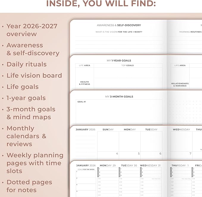 Clever Fox Dated Hourly Weekly Planner 2026 – Daily, Monthly & Yearly Agenda Organizer with Time Slots – Hardcover Journal, A5 Size (Rose Gold)