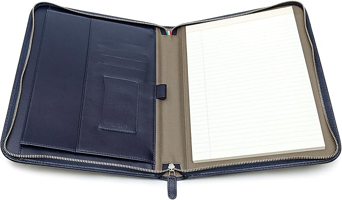 Premium Maruse Leather Portfolio Padfolio - Executive Folio for Men and Women with Zipper, Folio Document Organizer, Laptop Sleeve, iPad Case and Folder - Made in Italy, Navy Blue