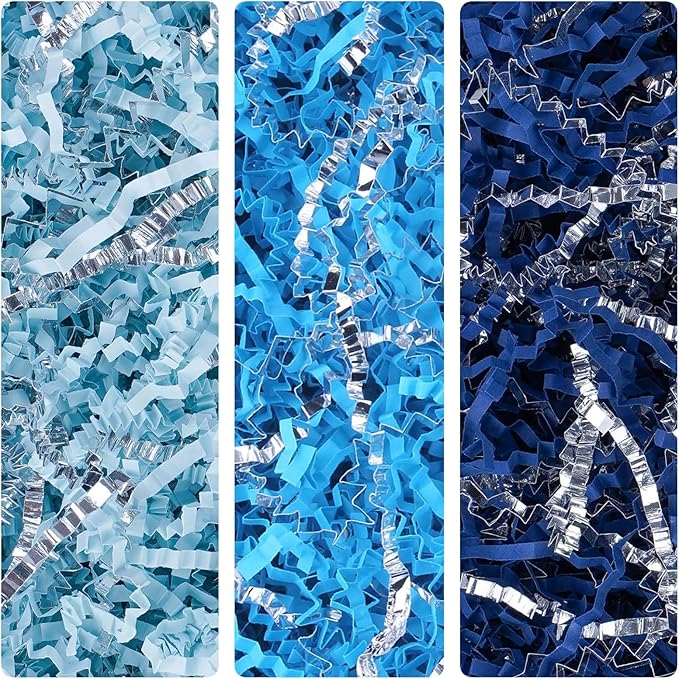 TANMWZK Crinkle Cut Paper Shred Filler 2 LB Gift Wrapping & Gift Basket Filler for Christmas,Halloween & Wedding Decorations,Easter Basket Grass Filler,Crafting Activities (Royal Blue and Silver)