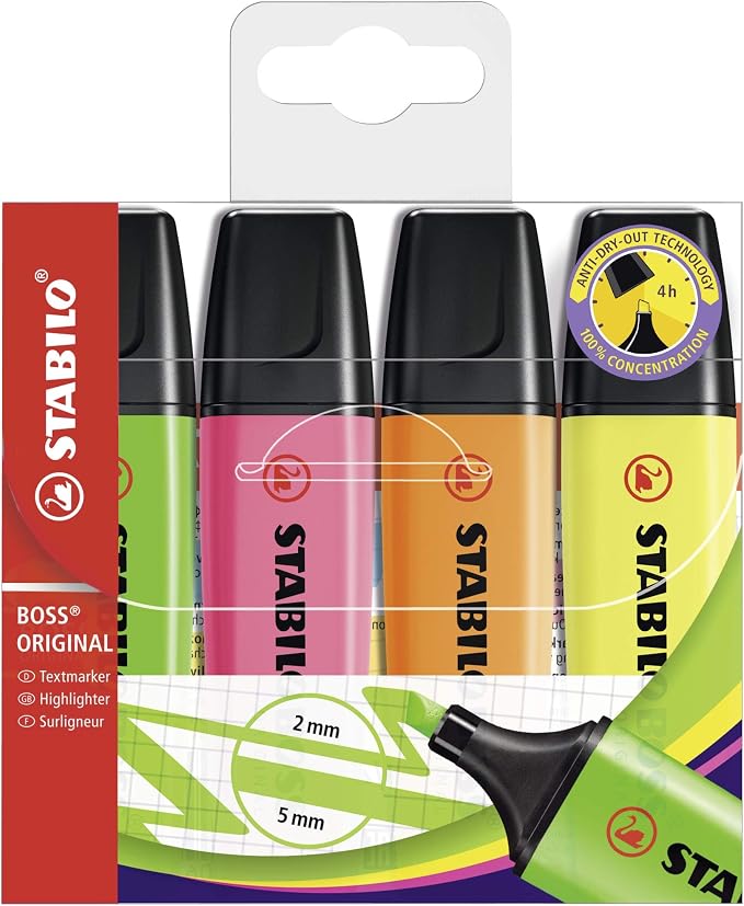 STABILO - BOSS ORIGINAL - Highlighter - Pack of 4 - Yellow, Orange, Green, Pink