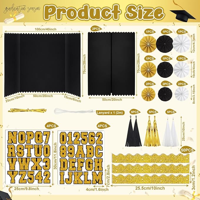 31 Pcs Graduation Photo Display Board Decoration 40"x28" Trifold Poster Board Graduation Themed Stickers Grad Fan Tassel Garland for 2026 Grad Party College Picture Frame(Black Gold Silver)