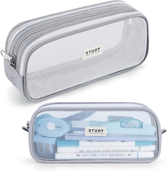 Grid Mesh Pencil Case Pouch Large Capacity Pencil Bag with Zipper | Big Pencil Pouch Grey Simple Stationery Bag Aesthetic Pen Bag for School Teen Girl Boy Multi-Purpose Bag for Office Men Women