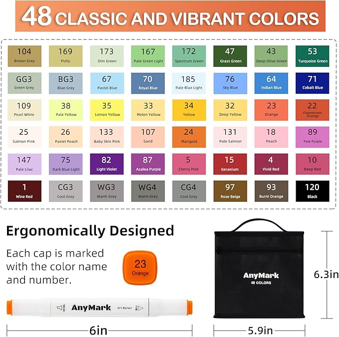 AnyMark Alcohol Markers, 48 Colors Dual Tip Art Coloring Markers Set for Adult Book Drawing Sketching Painting, Chisel & Fine, White Penholder