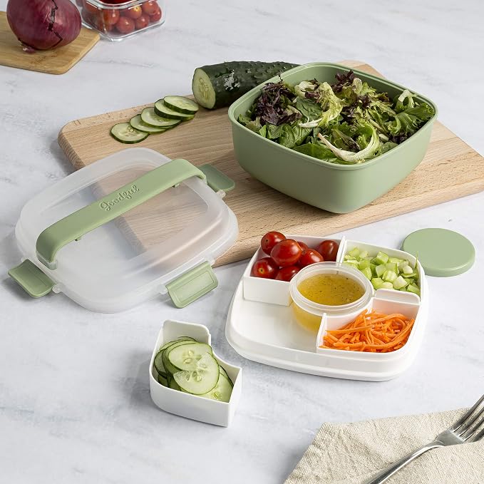 Goodful Stackable Lunch Box Container, Bento Style Food Storage with Removeable Compartments for Sandwich, Snacks, Toppings & Dressing, Leak-Proof and Made without BPA, 56-Ounce, Sage (Pack of 12)