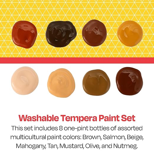 School Smart Washable Tempera Paints for School and Arts and Crafts Use, 16 Ounces Each, Assorted Multicultural Colors, Set of 8
