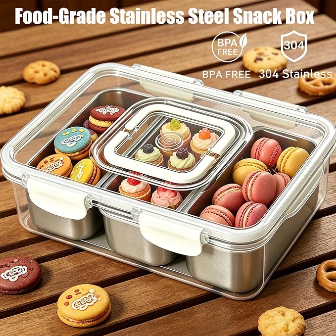 Snackle Box Container, Stainless Steel Snack Box with 3 Large Compartments, Dishwasher Safety Snack Tray with Lid and Handle, Divided Serving Tray for Travel, Picnic, Beach, Pool and Parties