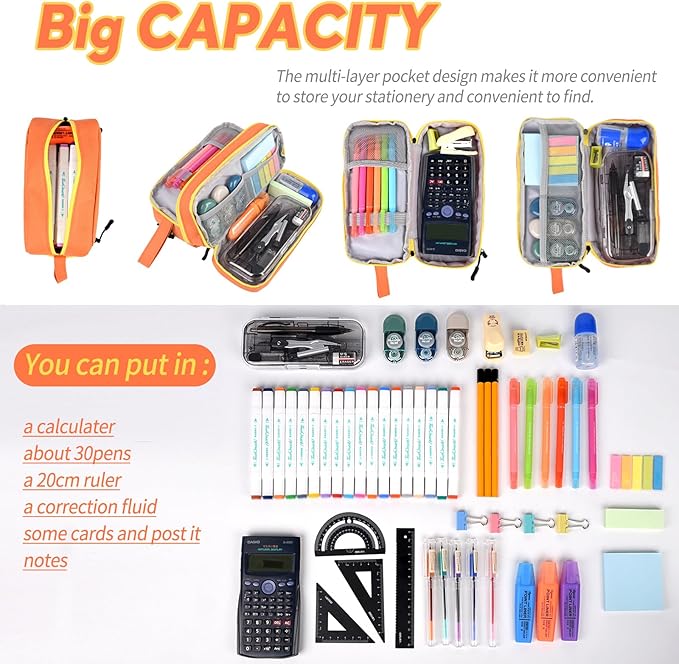 Genteen Large Capacity Pencil Case,Multifunction Pencil Pouch,Pencil Bags with Zipper 3 Compartments Pencil case organizer for or School Teen Girl Boy Men Women（Orange）