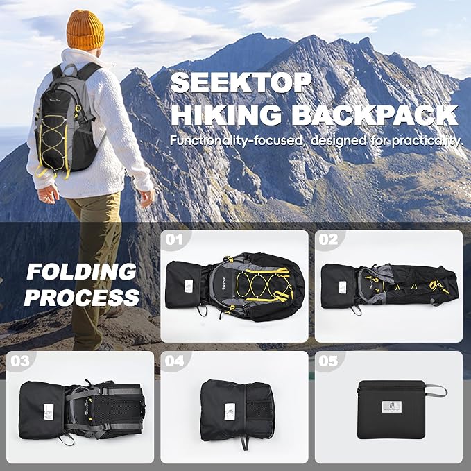 Seektop Packable Waterproof Hiking Backpack, 20L Lightweight Daypack | Tear-Resistant Nylon Material, Multi-Compartment Storage, Ultralight Small Foldable Travel Hiking Daypack for Men & Women