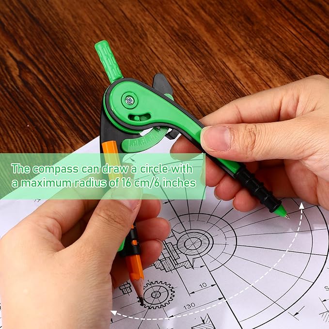 Zonon 2 Pcs Student Protractor and Compass, Student Geometry Math Set Drawing Compass and 180 Degree 6 Inch Protractor with Swing Arm for Drawing Measuring School Office (Green)