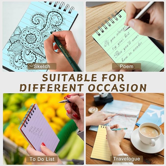 Tenceur 6 Pcs Pocket Notebook Small 3x5 Inch Black Cover Colorful Page Top Spiral Notepads Bound Notebook with Lined 120 Pages Memo Pads for Office College Nurse Essentials Back to School Gift