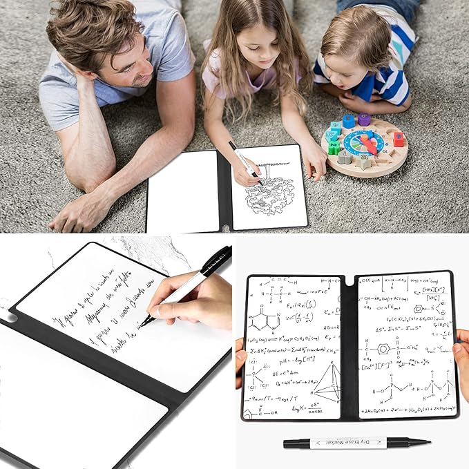 Marte Vanci Whiteboard Notebook Reusable Dry Erase Whiteboard with Pen and Wiping Cloth A5 Portable Dry Erase Pad with PU Cover White Board for Notes Lists Memo Message Presentation (Black)