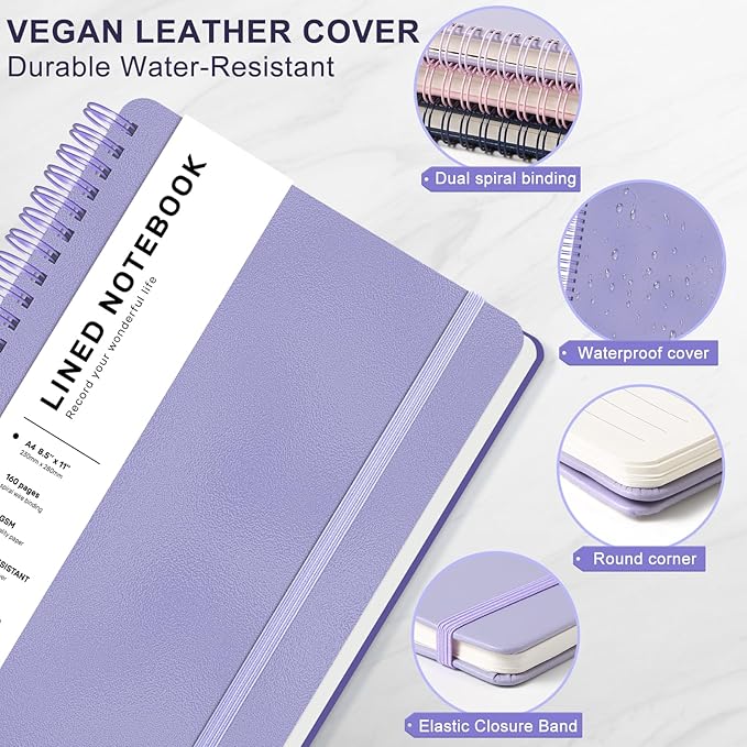 Lined Spiral Journal Notebook with 160 Pages, 8.5×11in, A4 Spiral Notebook, Journaling Notebooks for Work, School, Women, Men, College Ruled Spiral Notebook, Hardcover Leather Journals, Purple
