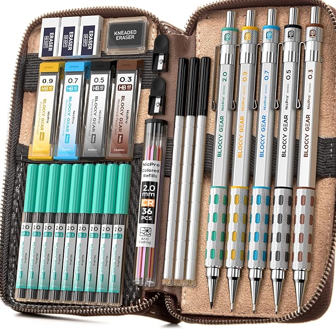 Nicpro Blocky Gear Metal Mechanical Pencil Set in Leather Case | 29PCS Art Drafting Pencils (0.3/0.5/0.7/0.9/2mm) with 330PCS Lead (HB 2H 4H 2B 4B 6B Color) For Writing Sketching Drawing