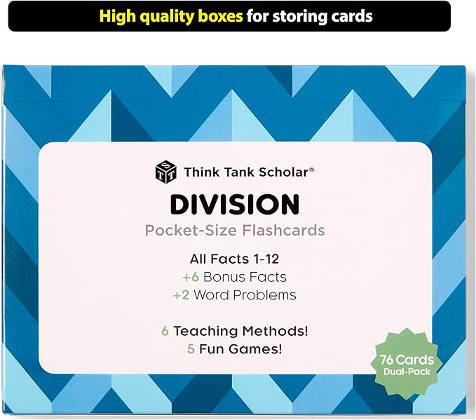 Think Tank Scholar Division Flash Cards - 300 Facts 1-12 - (Award Winning) Flashcards for Kids in 3rd, 4th, 5th, 6th Grade, Homeschool or Classroom - 6 Math Teaching Methods & 5 Games - Ages 8 and Up